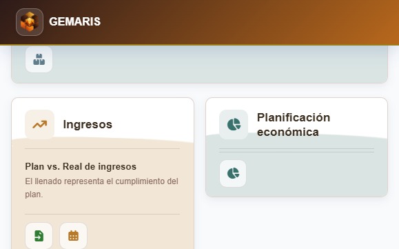 Vista real de Contabilidad en GEMARIS, con los paneles de Ingresos y Planificación económica.